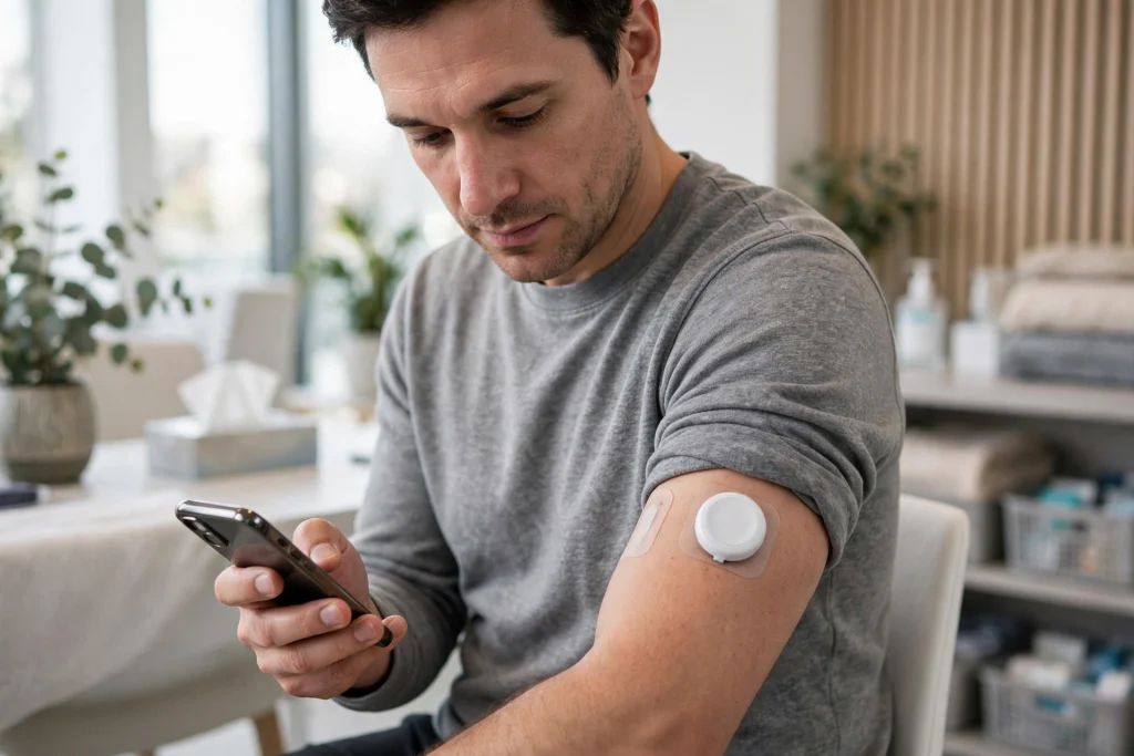 Glucose Monitors Help Adults With Type 2 Diabetes, Major Trial Finds Person with type 2 diabetes checking a continuous glucose monitor reading on a smartphone