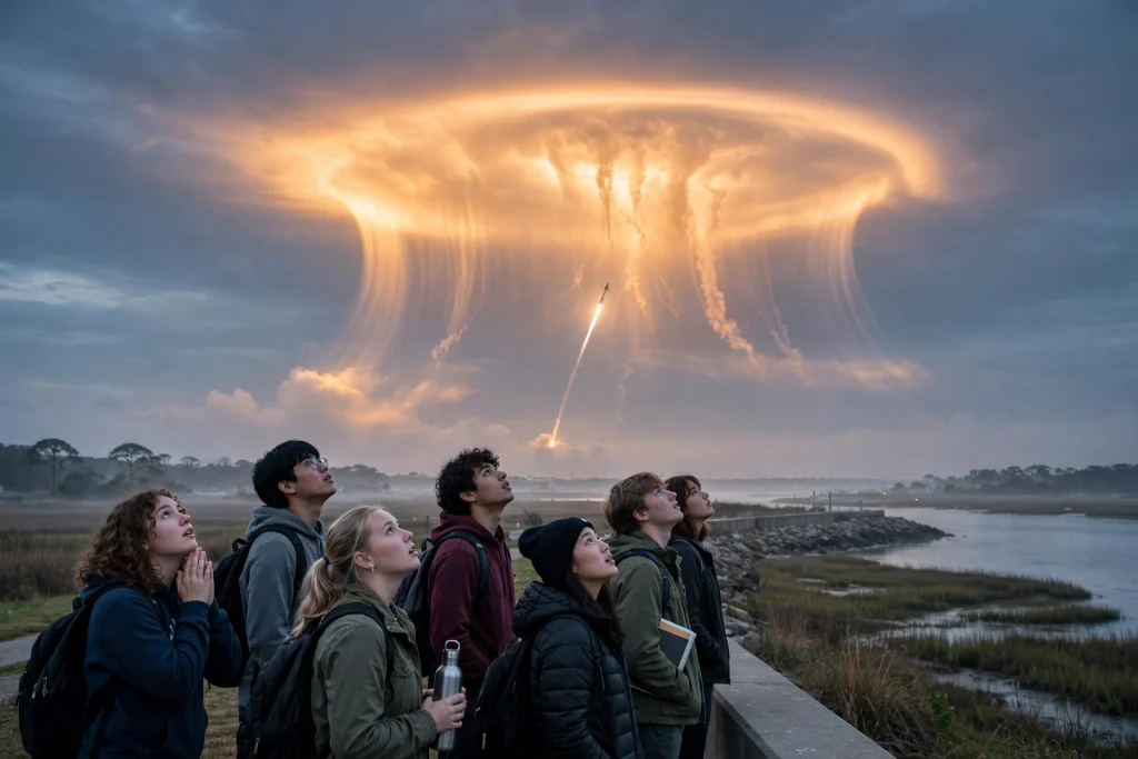 SpaceX Launch Creates Stunning Jellyfish Cloud Over US East Coast SpaceX rocket launch creating a glowing jellyfish-shaped cloud at dawn