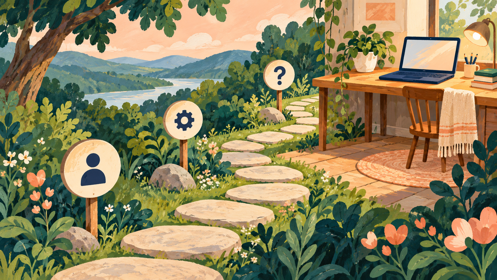 Illustration: a welcoming path with signposts leading to a laptop.