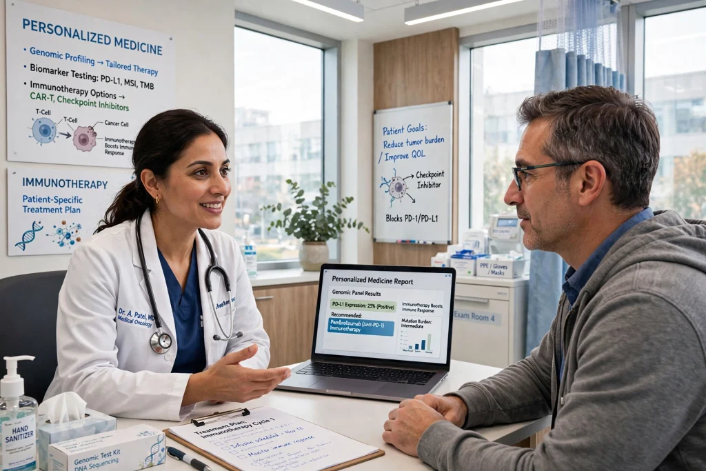 Doctor discussing personalised treatment with a patient in a clinic